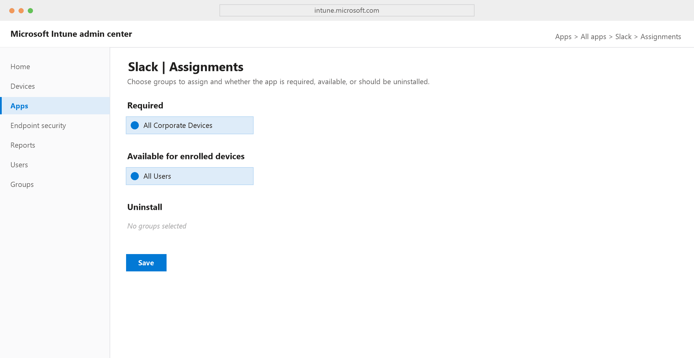 Intune admin center Assignments screen for an app, showing Required, Available for enrolled devices, and Uninstall sections each with a target group