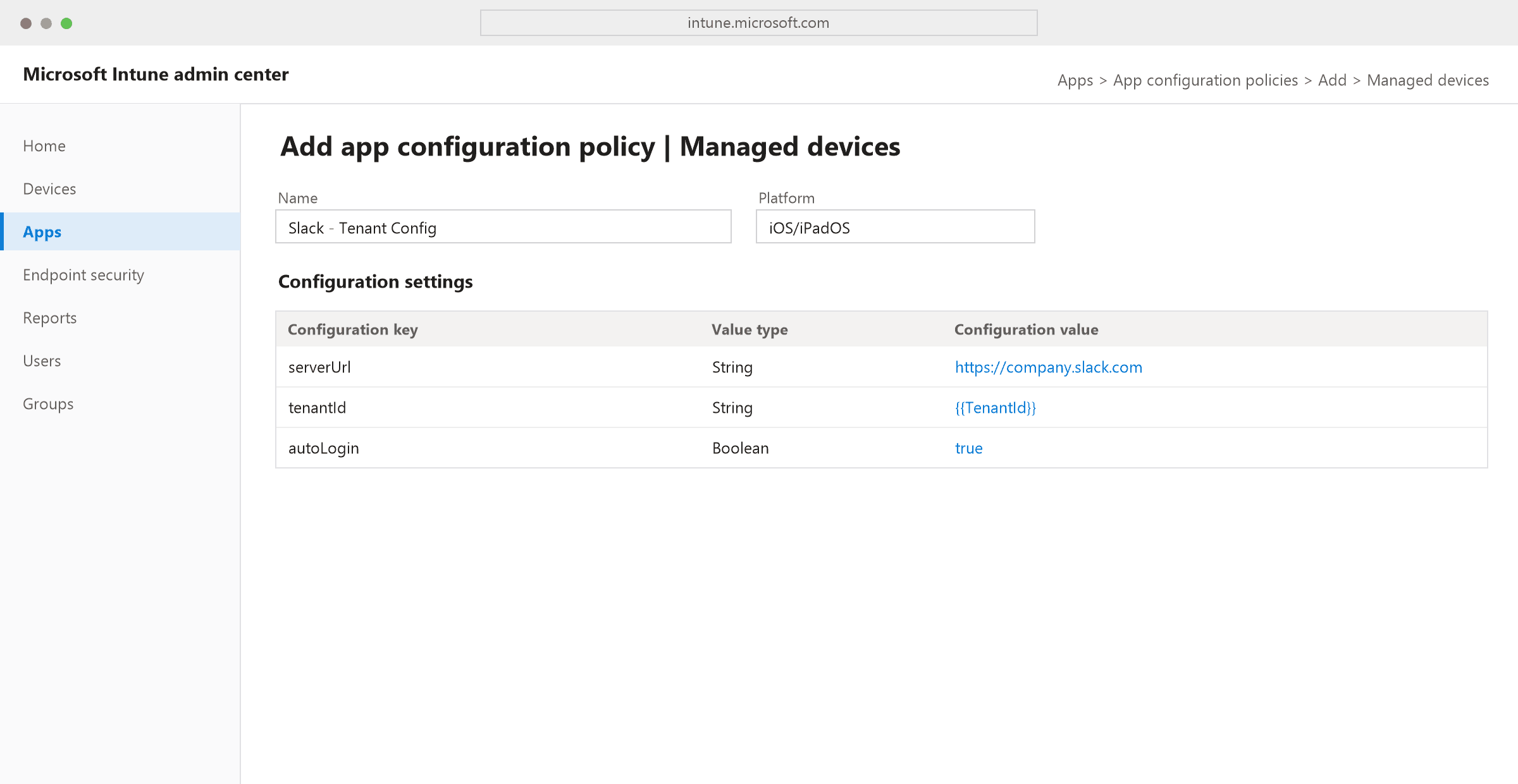 Intune admin center app configuration policy screen showing a Name and Platform field, and a configuration settings table with key, value type, and value columns