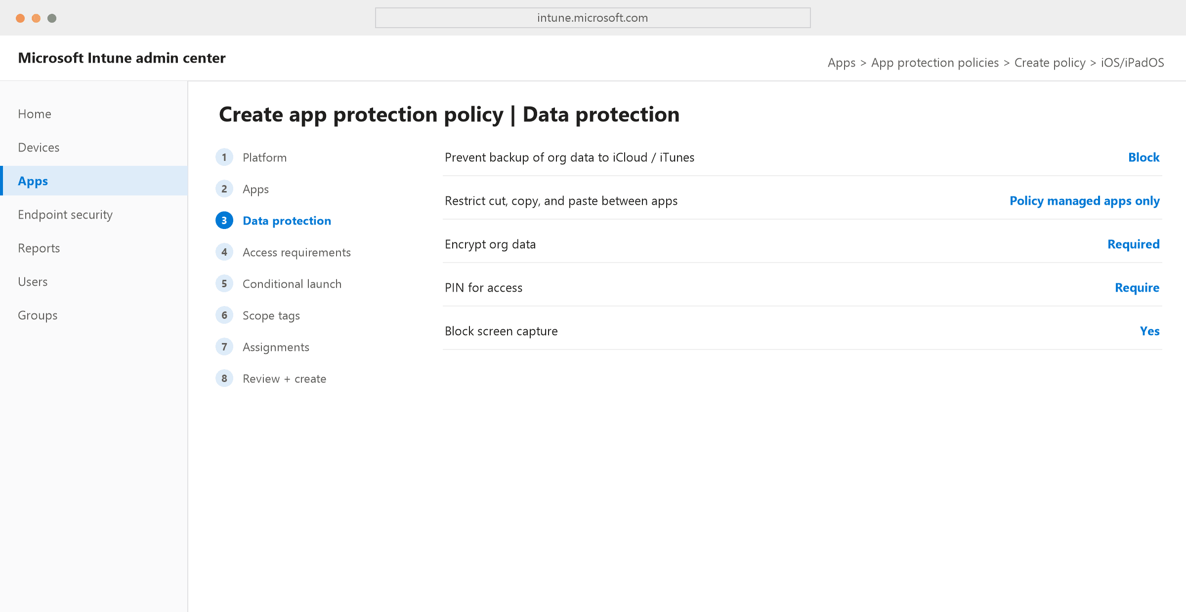 Intune admin center app protection policy wizard on the Data protection step, showing backup, cut-copy-paste, encryption, PIN, and screen capture settings