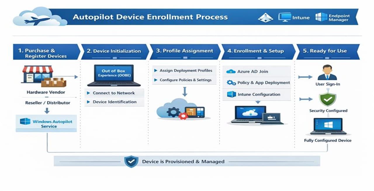 Autopilot Device Enrollment Process: Purchase and Register Devices, Device Initialization, Profile Assignment, Enrollment and Setup, Ready for Use