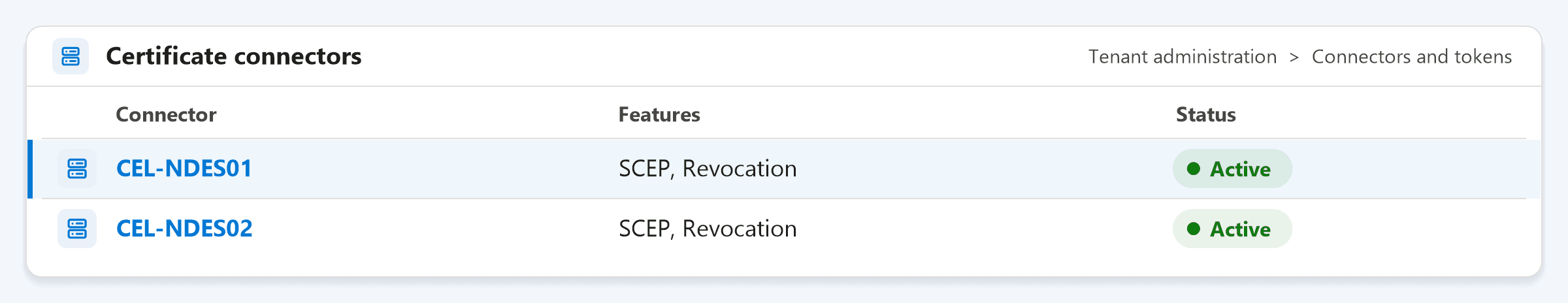 Illustrative mockup of the Certificate connectors page in Intune showing two connectors with SCEP and Revocation features, both Active