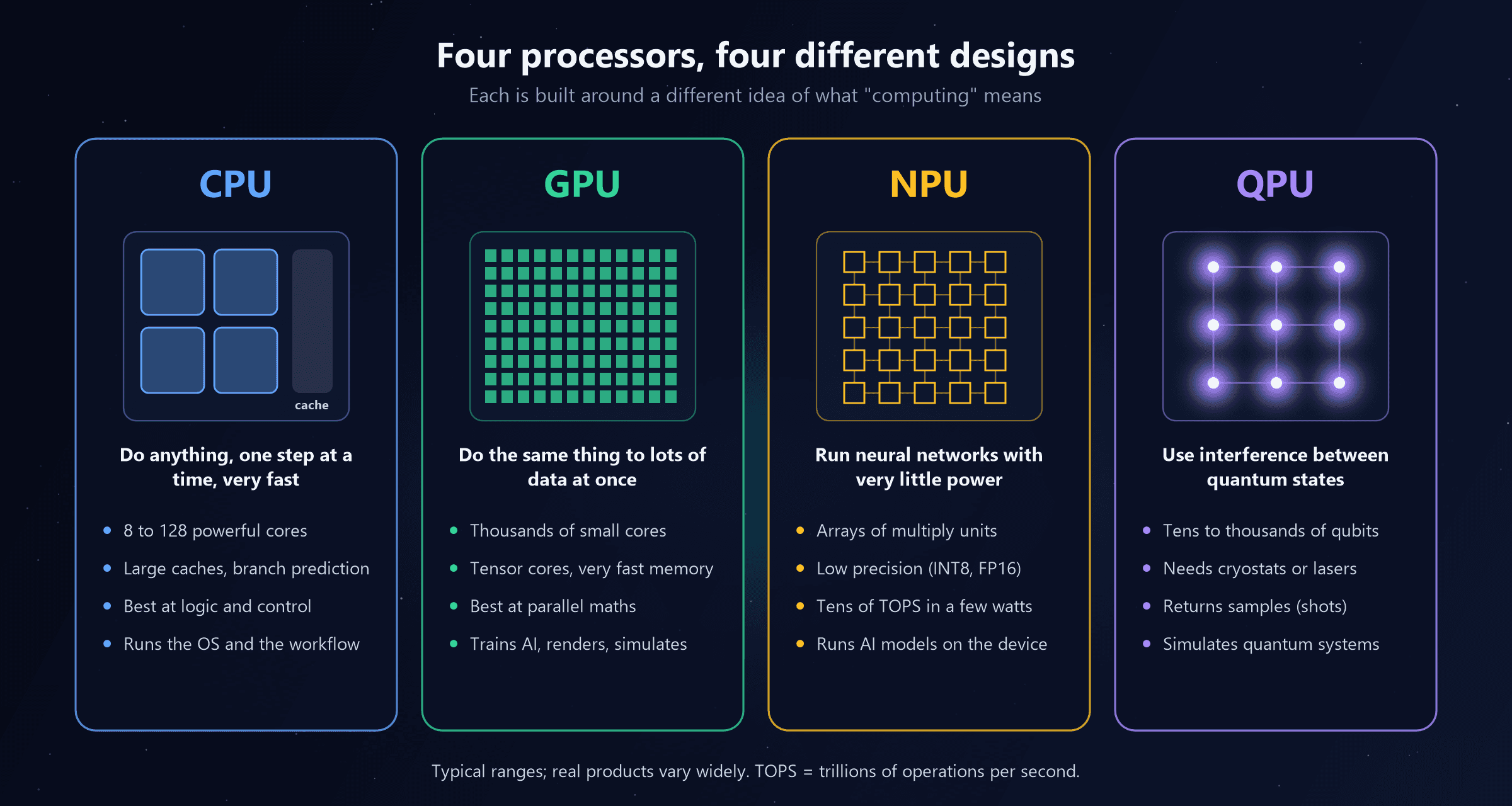 Four panels. CPU: do anything, one step at a time, very fast; 8 to 128 powerful cores, large caches and branch prediction, best at logic and control, runs the OS and the workflow; illustrated by four large cores and a cache. GPU: do the same thing to lots of data at once; thousands of small cores, tensor cores and very fast memory, best at parallel maths, trains AI, renders and simulates; illustrated by a dense grid of small cores. NPU: run neural networks with very little power; arrays of multiply units, low precision such as INT8 and FP16, tens of TOPS in a few watts, runs AI models on the device; illustrated by a connected grid of multiply units. QPU: use interference between quantum states; tens to thousands of qubits, needs cryostats or lasers, returns samples or shots, simulates quantum systems; illustrated by a glowing three-by-three grid of qubits. A note says these are typical ranges, real products vary widely, and TOPS means trillions of operations per second