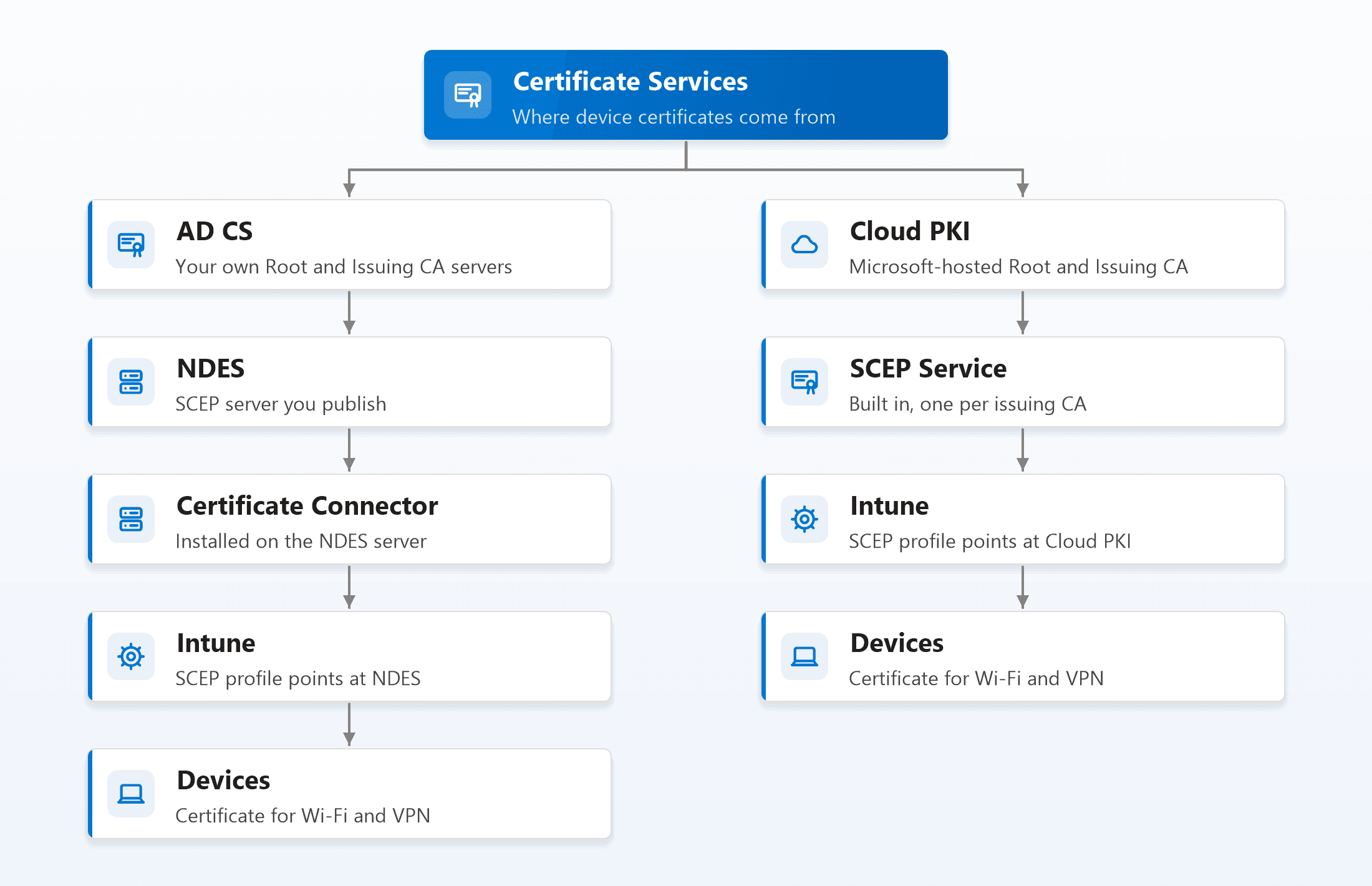 Certificate services forking into two paths: AD CS through NDES, the Certificate Connector and Intune to devices, and Cloud PKI through its built-in SCEP service and Intune to devices