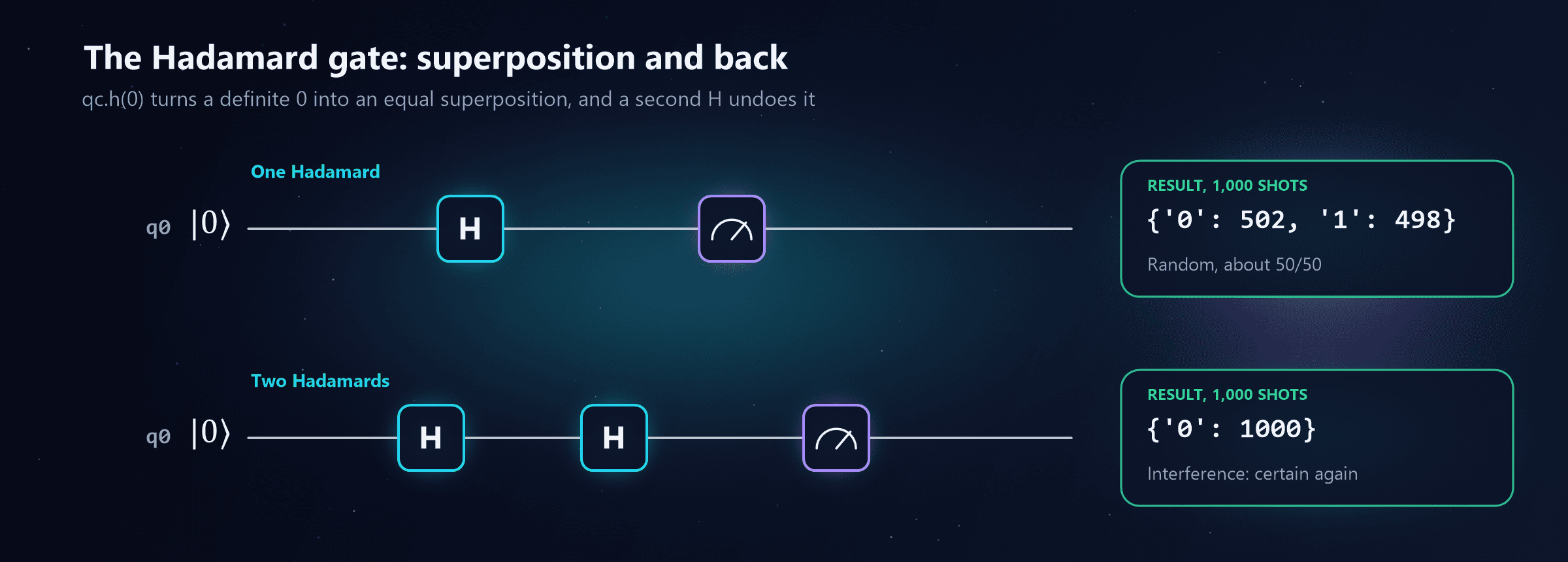 Two circuits. One Hadamard: q0 starts in 0, passes through H and is measured, giving 502 zeros and 498 ones, random and about 50/50. Two Hadamards: q0 passes through H twice and is measured, giving 0 every time, because of interference