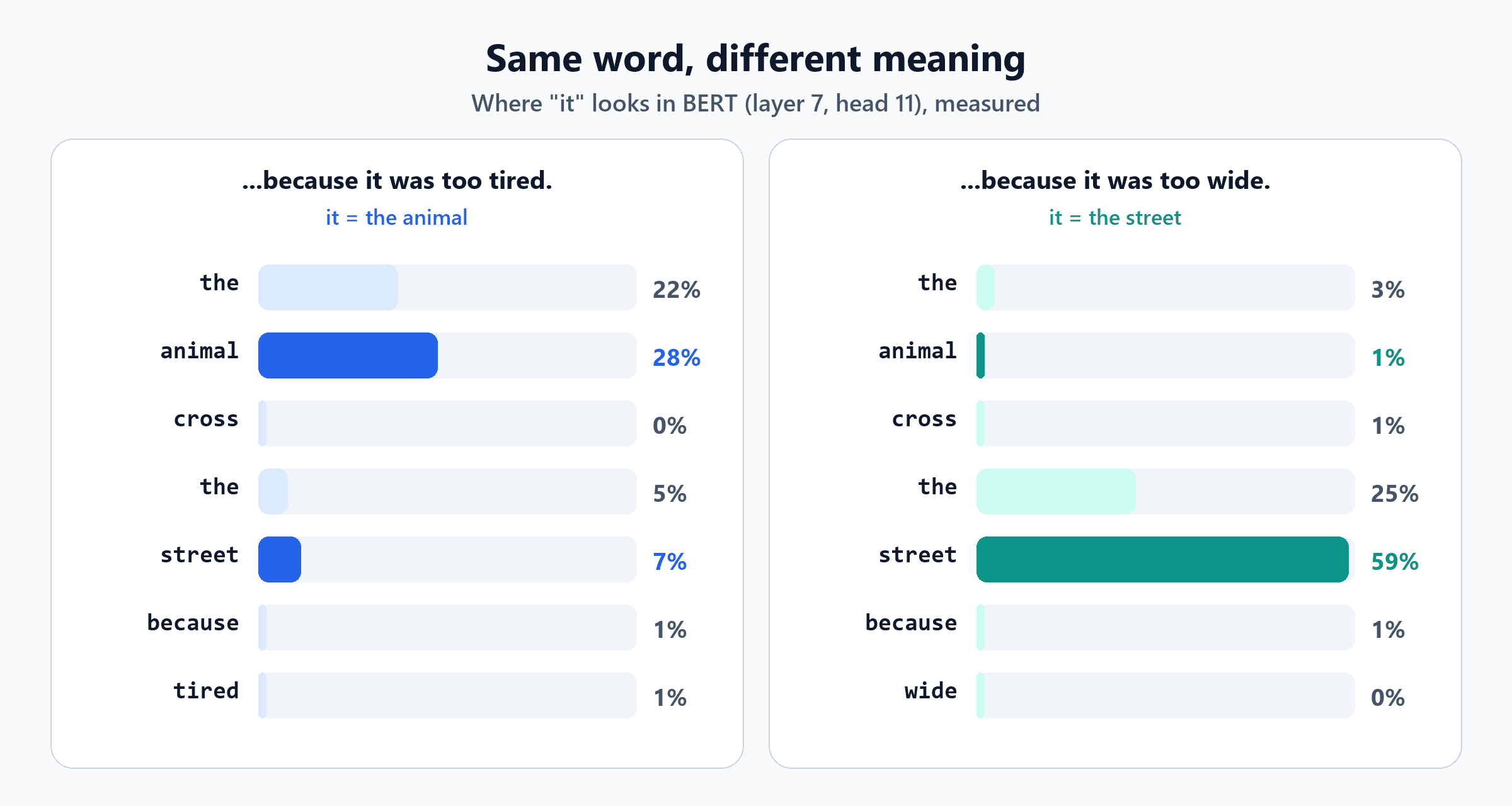 Two bar charts from BERT layer 7 head 11. With the word tired, it focuses 28 percent on animal and 7 percent on street. With the word wide, it focuses 1 percent on animal and 59 percent on street